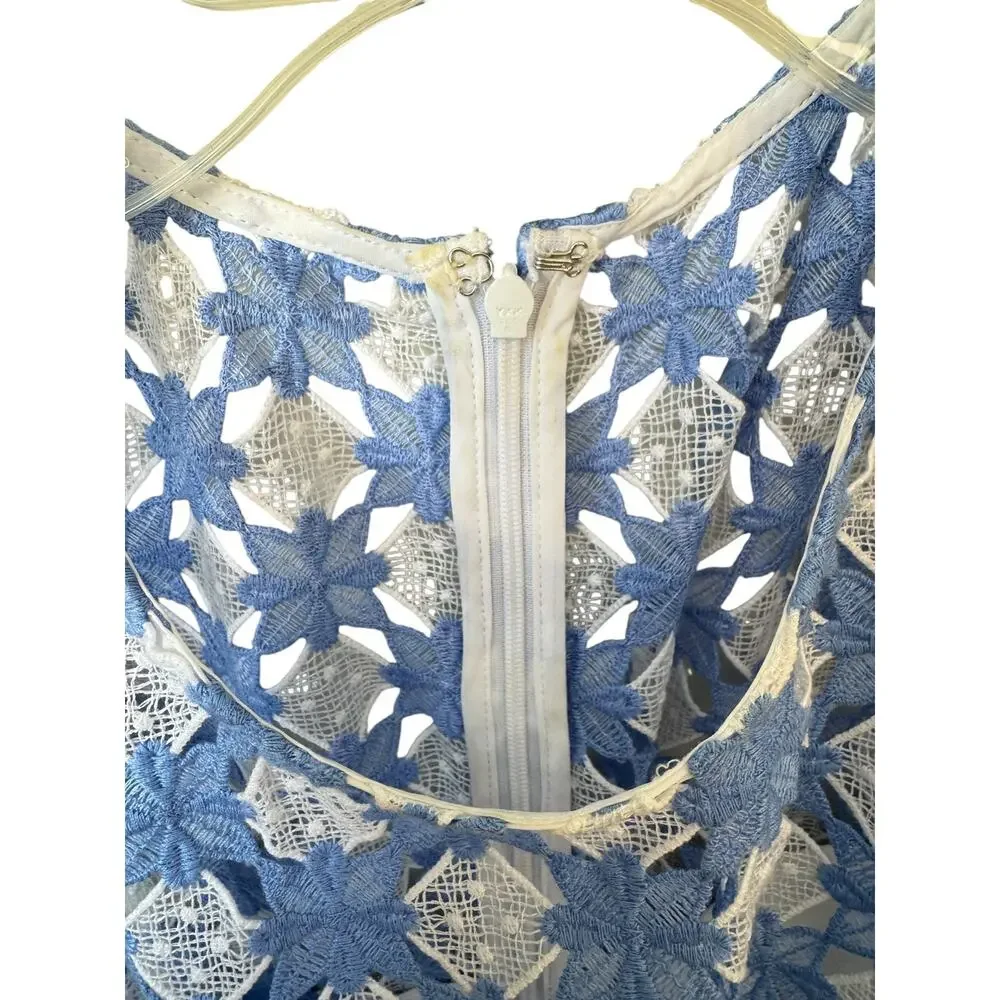 SHOSHANNA Rachel Ruffle Lace Midi Dress Size 12 Blue & White Wedding Guest - Picture 5 of 14